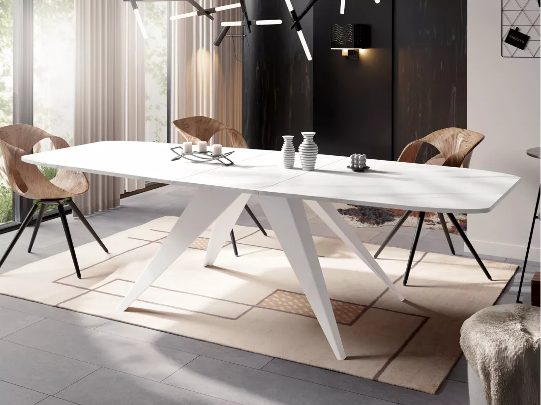 Table à Manger Extensible Style Loft - Table Industrielle Avec Pieds Métalliques Blancs - Design Moderne Pour Salon - 160 Cm Extensible à 200 Cm - Marbre Blanc