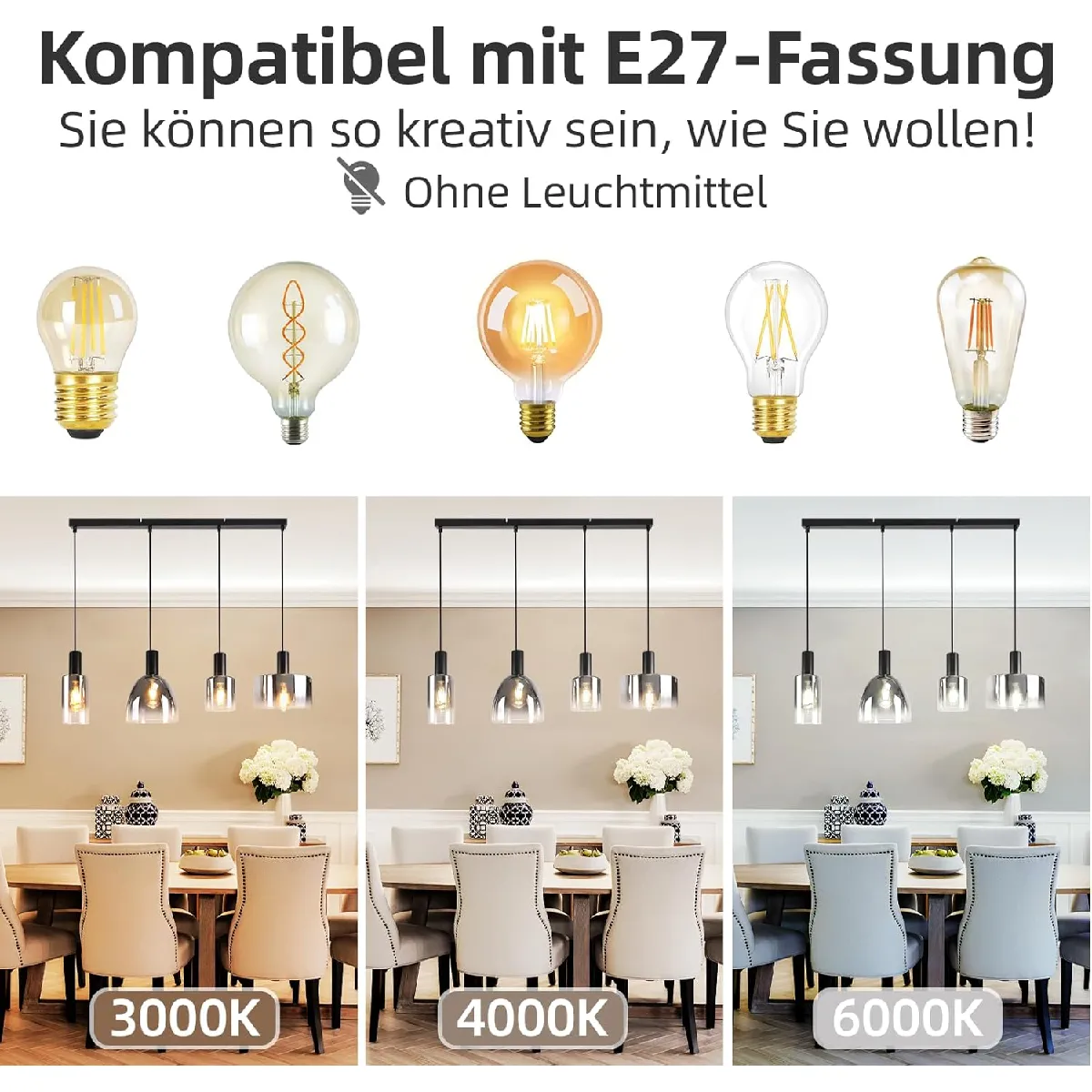 ZMH Suspension Industrielle 3/4 Flammes E27 Gris Fumé 180CM pour Salle à Manger et Cage d'Escalier