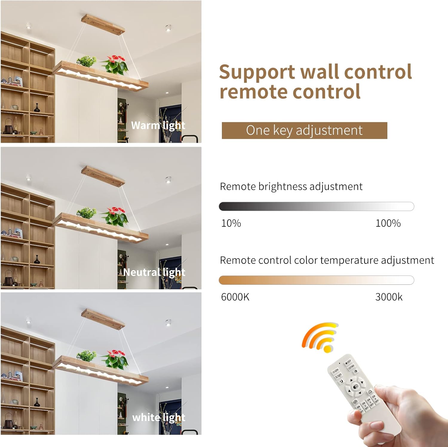 LED-Hängeleuchte aus Holz, dimmbare rustikale Holz-Hängelampe für Esstisch, Höhenverstellbare Deckenleuchte,40W,100cm