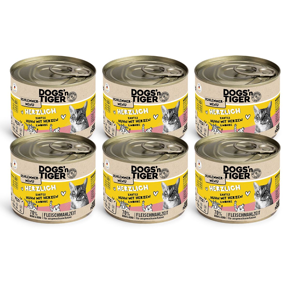 Dogs’n Tiger Adult, Katzenfutter, Herzlich, Nassfutter, Getreidefrei, Huhn, Rinderherzen & Karotte
