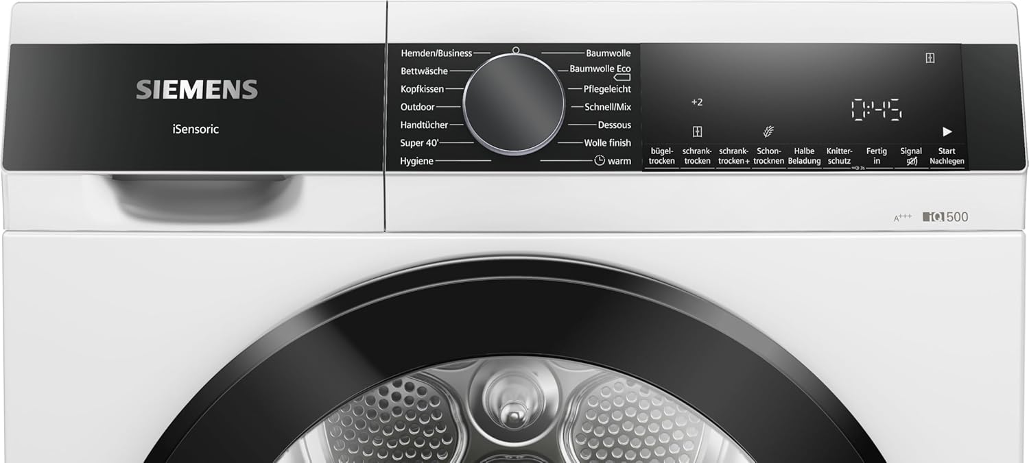 Siemens WQ33G2D40, iQ500 Wärmepumpentrockner für 1-8 kg Wäsche, Schnellprogramm für kleine Ladungen, Schonende Trocknung mit autoDry, softDry Schontrommel, Outdoor-Programm, LED-Display, Weiß