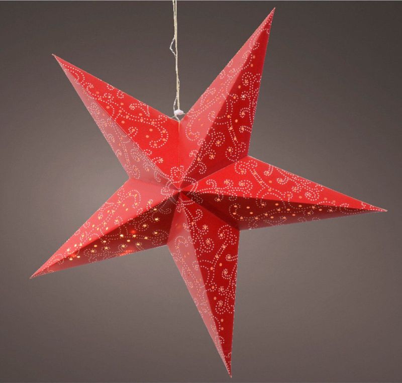 Decoris - Kerstster - Rood - Papier - 60 cm - Warm Wit Licht met Timer