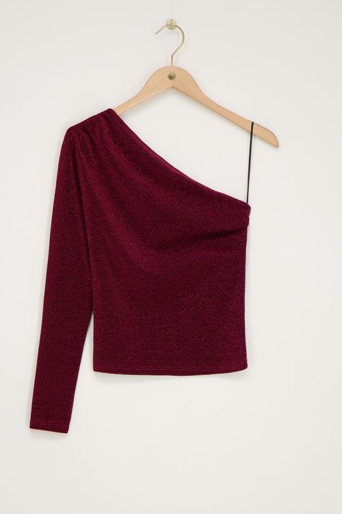 Burgundy lurex one-shoulder top