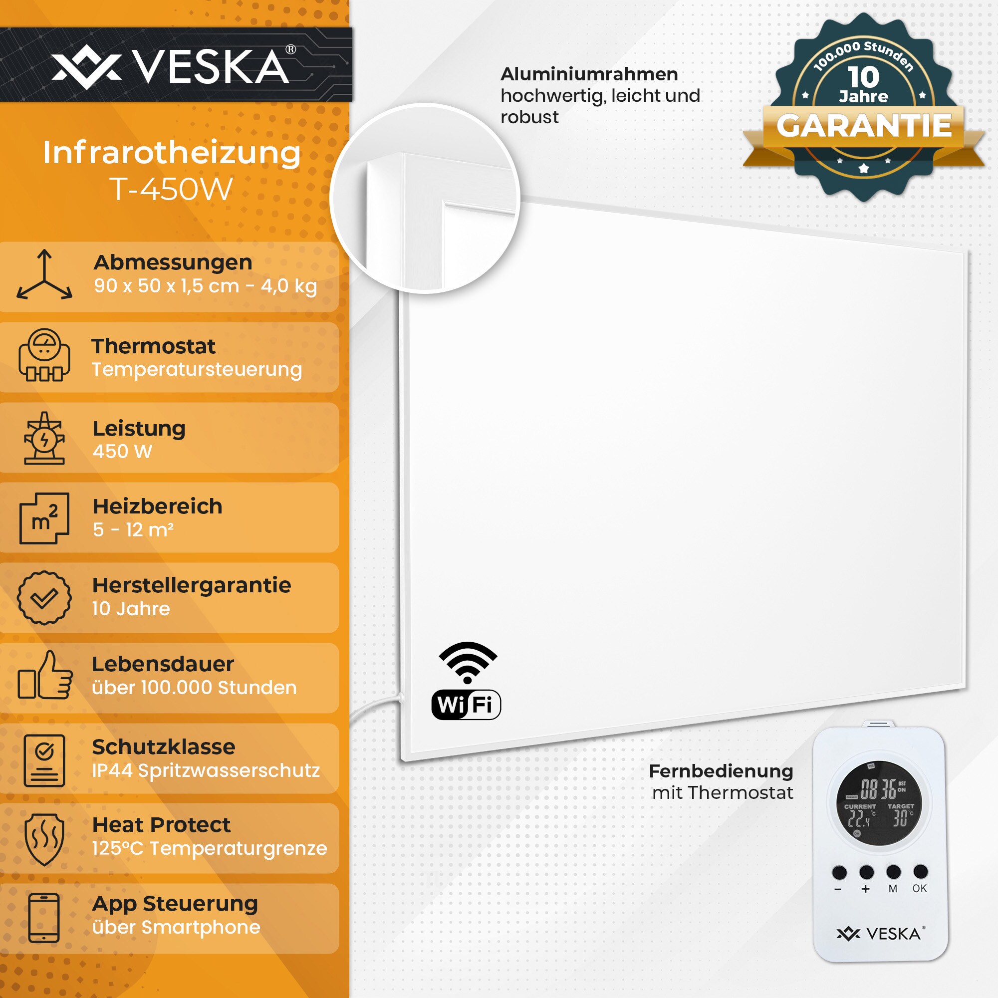 Infrarotheizung inkl. Thermostat APP-Funktion Wifi Fernbedienung und Timer - 450W