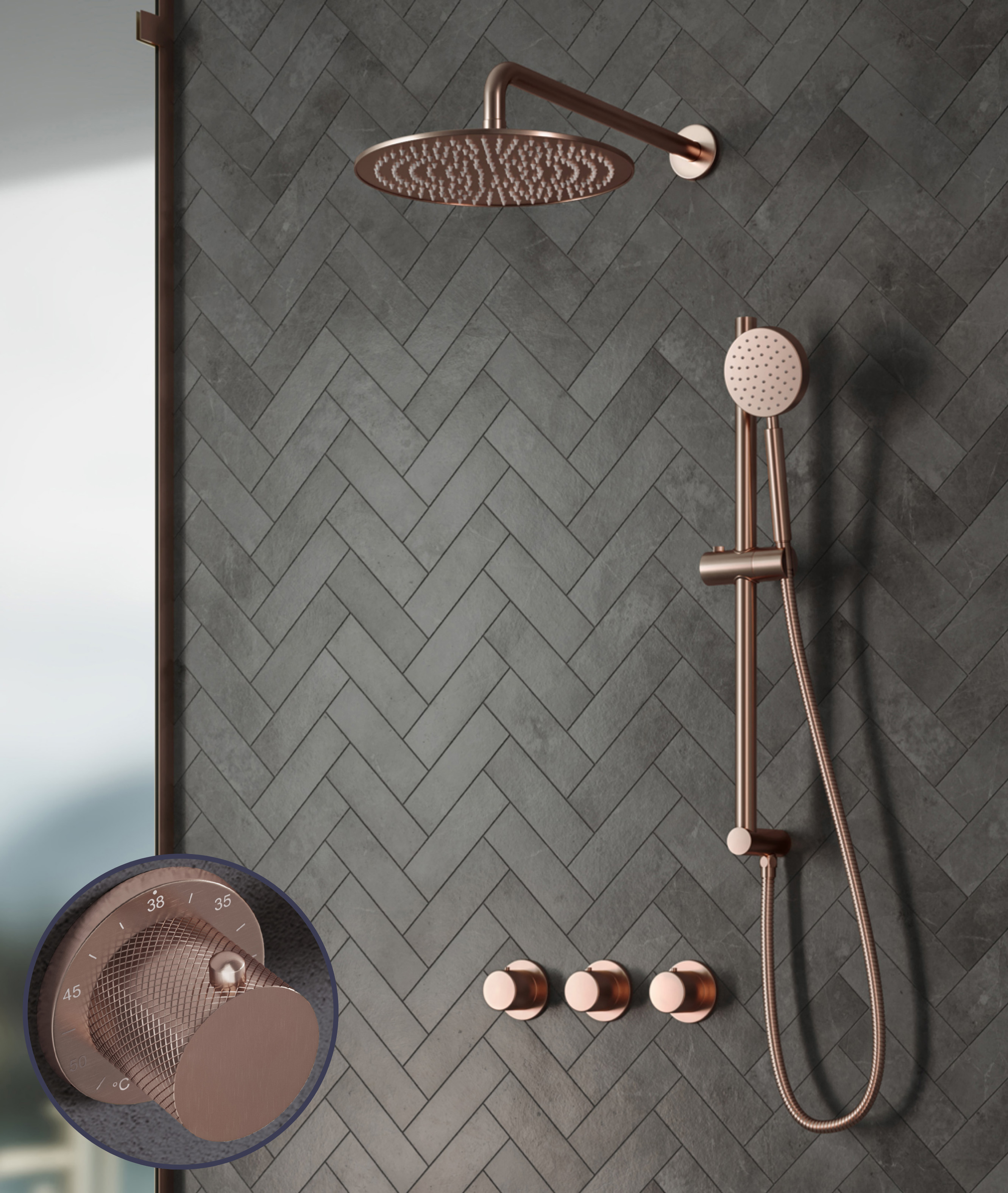 Saniclear Plus Curved inbouw regendouche met 20cm hoofddouche, muurarm en glijstang geborsteld koper