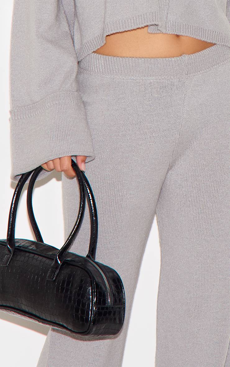 Gris Pantalon En Maille À Ourlet Retroussé