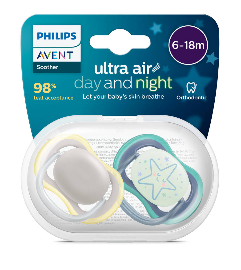 Schattige spenen met glow in the darkfopspeen 6-18M 2 stuks SCF085/70