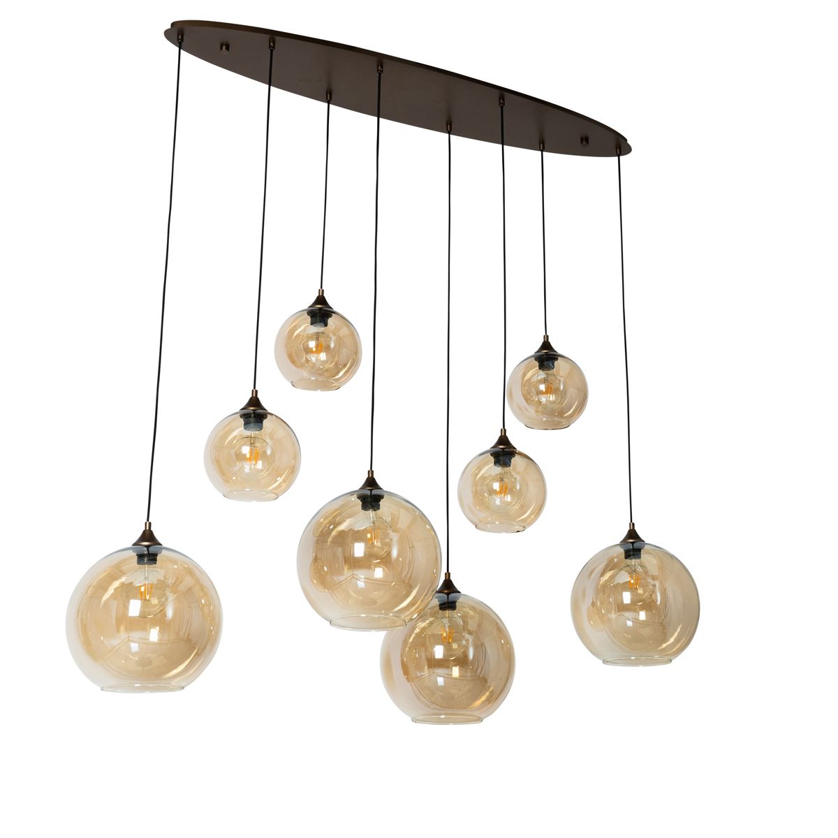 Smart hanglamp donkerbrons met amber glas ovaal 8-lichts incl. 8 Wifi G95 - Sandra