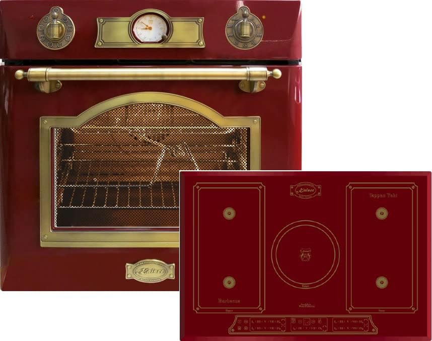 Retro Herd Set Induktion Autark Kaiser Empire Rot/Einbau Backofen Kaiser Eh 6355 RotEm + Induktionskochfeld Kaiser KCT 7797 RotEm 77 cm/Drehspieß,Selbstreinigung/Backofen Kochfeld Kombination/
