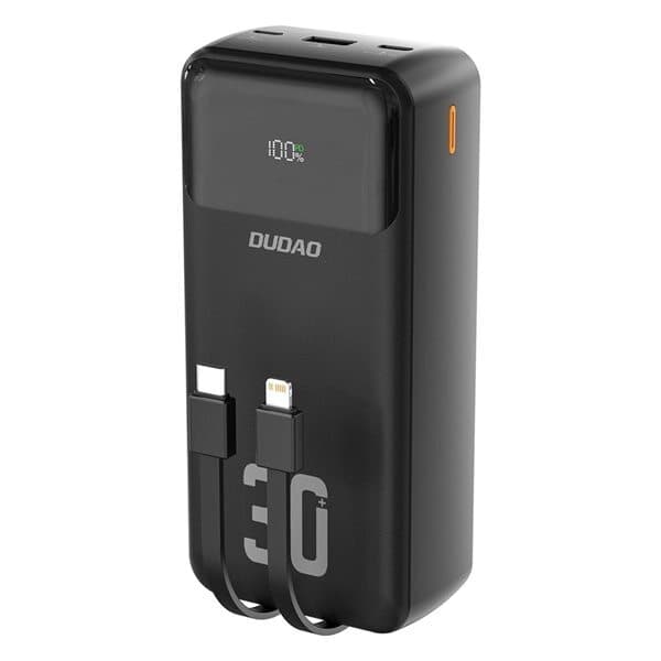 Powerbank 30000mAh med hurtig opladning og indbyggede kabler – sort