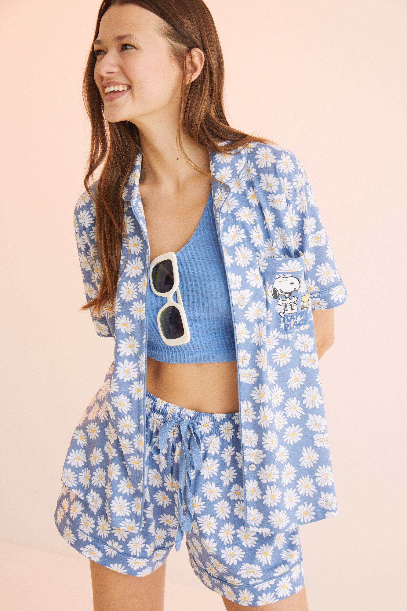 Pijama curto Snoopy Floral 100% Algodão - Azul