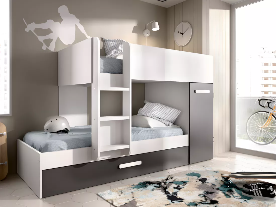 Lits superposés avec tiroir lit gigogne et rangements 3 x 90 x 190 cm - Anthracite et Blanc + matelas - ANTHONY
