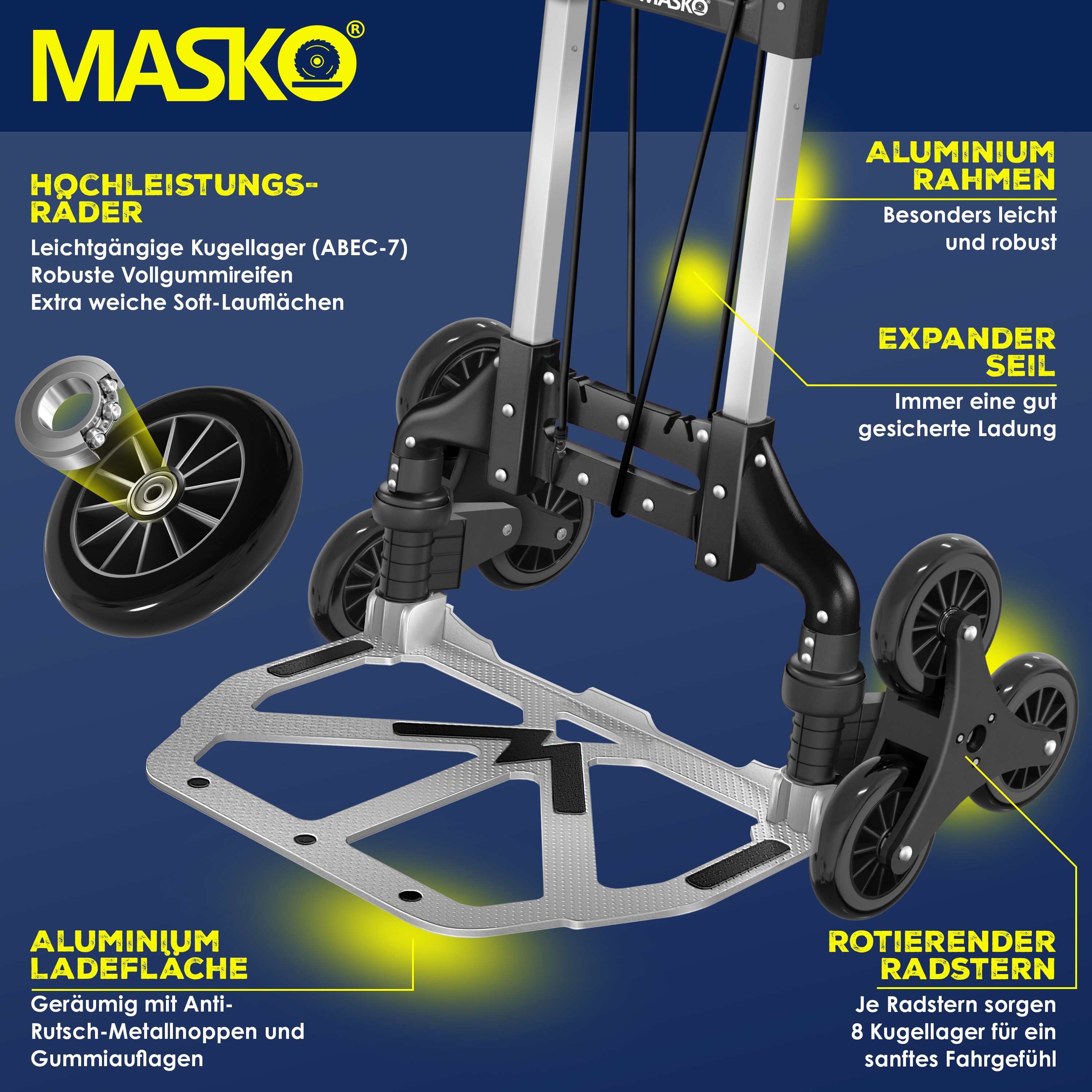 MASKO® Stufen-Sackkarre Treppenkarre Klappbar 80 kg Tragkraft 3x3 Treppensteiger inkl. Rädern + Expanderseil + Handschuhe - höhenverstellbarer Griff - Aluminium Handkarre für Transportkarre