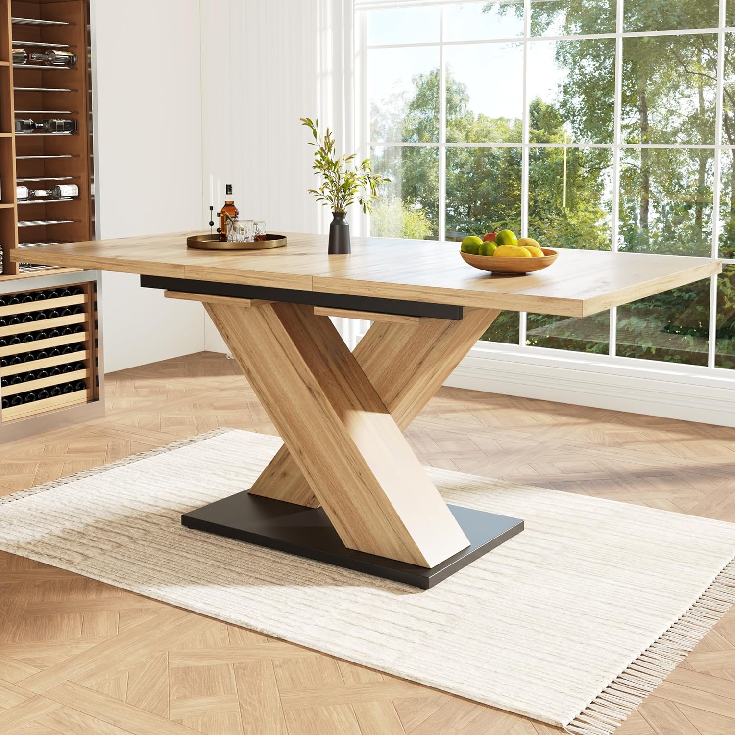 Esstisch Ausziehbar mit X-Förmige Tischbeine für 4-6 Personen, Esszimmertische Küchentisch mit Holzmaserung Tischplatte, Tisch Esszimmertisch Ausziehbar, 119-158.8x80x75 cm, Holzfarbe
