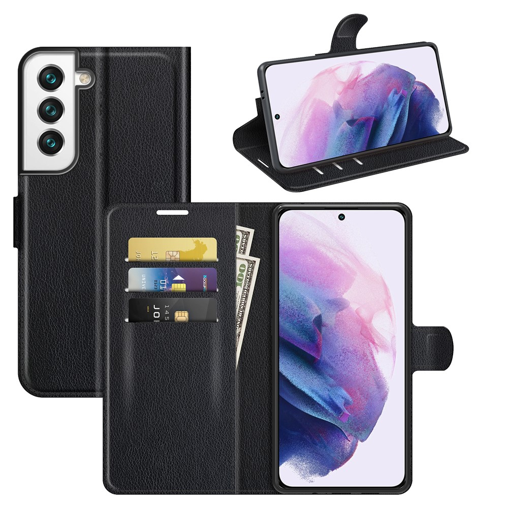 Samsung Galaxy S22 5G Leder Tasche Flip Cover Litchi Look - Schwarz