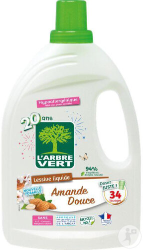 L'Arbre Vert Lessive Liquide Hypoallergénique Amande Douce 34 Lavages 1,53l
