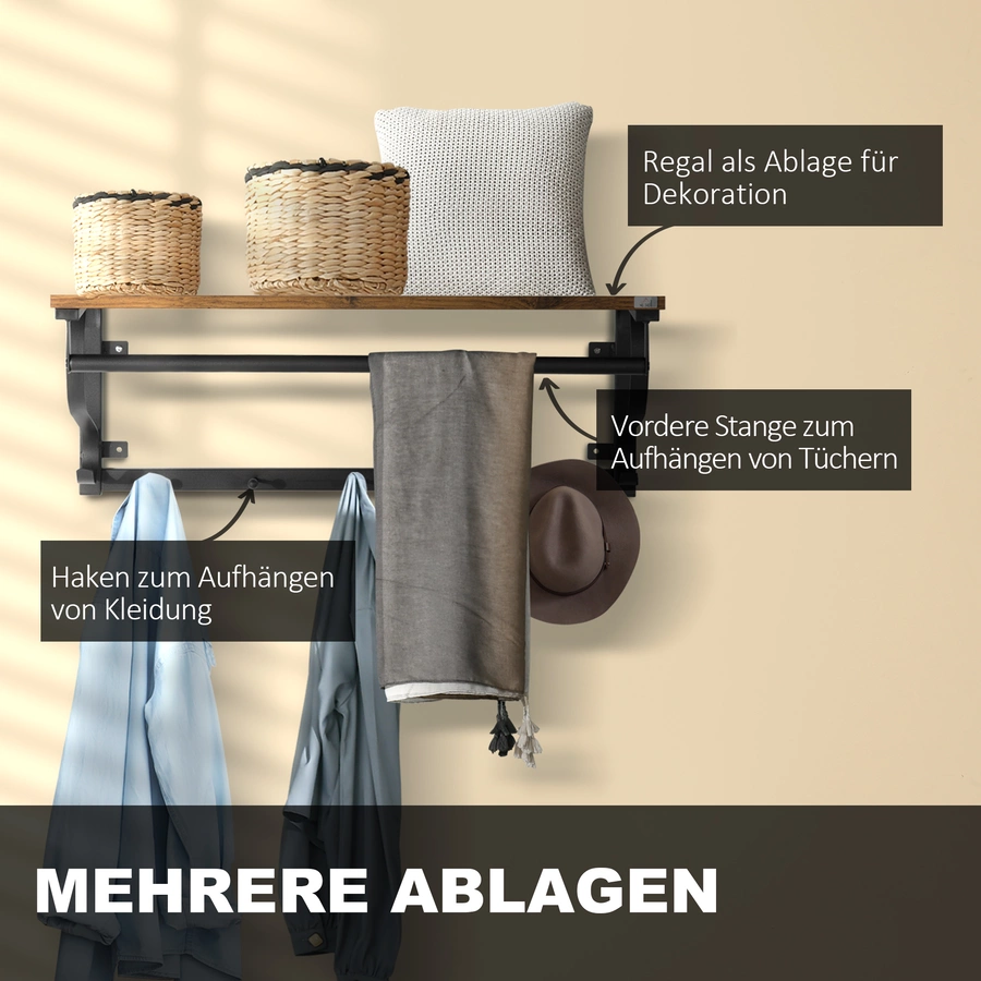 HOMCOM Wandregal mit 5 Haken braun