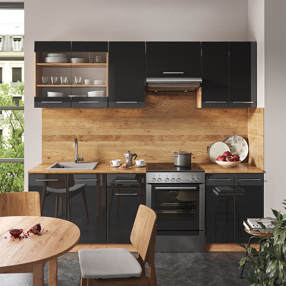 Vicco Küchenzeile Küchenblock Einbauküche Fame-Line Eiche Anthrazit 240 cm modern Küchen Schränke Spülenunterschrank Schubunterschrank Hängeschrank Hängeglasschrank Hochglanz
