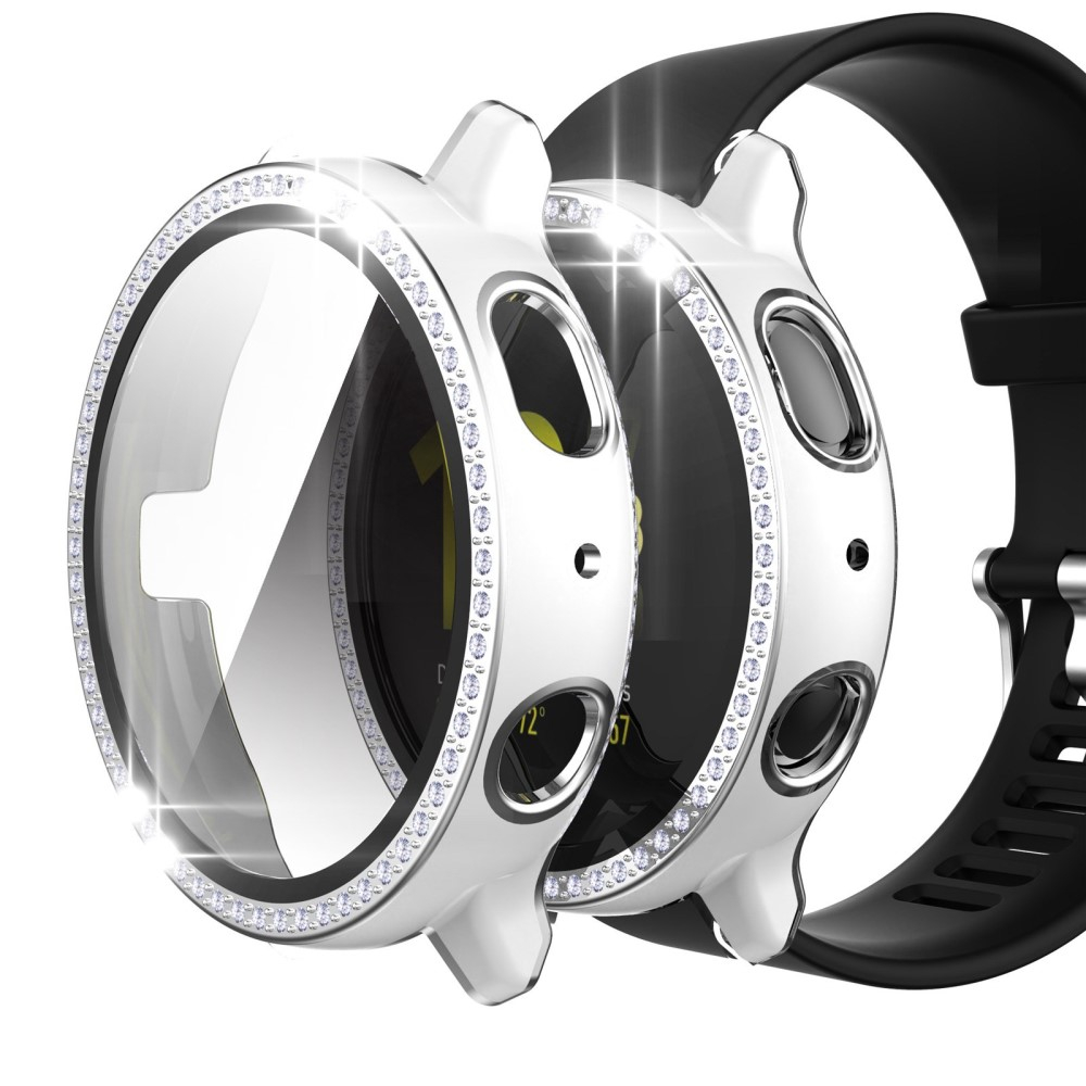 Samsung Galaxy Watch Active 2 (44mm) Galvanisierte Glitzer Strass Bumper Hülle   Display Schutzglas - Weiss / Silber
