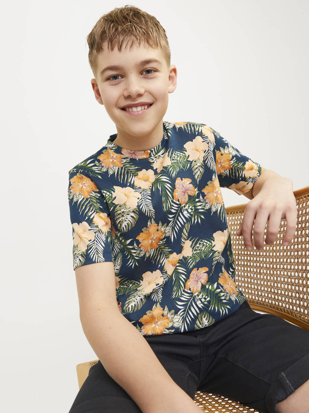 JACK & JONES T-shirt JJCHILL met all over print donkerblauw/geel