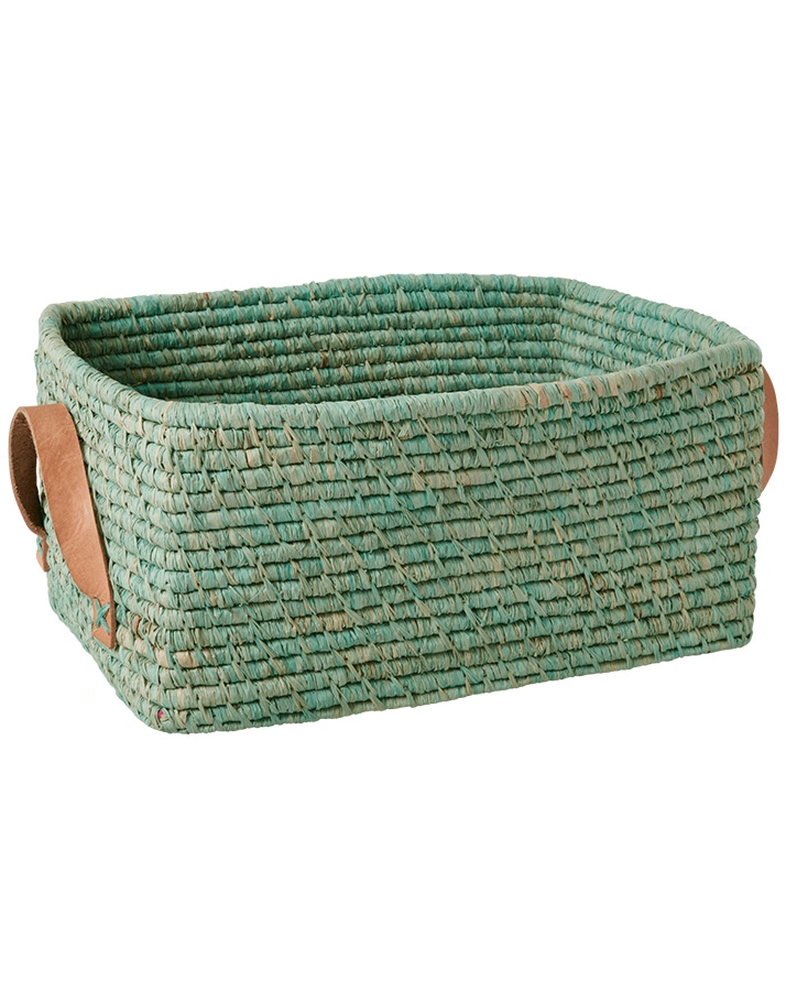 Raffia-Korb RECTANGULAR mit Ledergriffen in mint