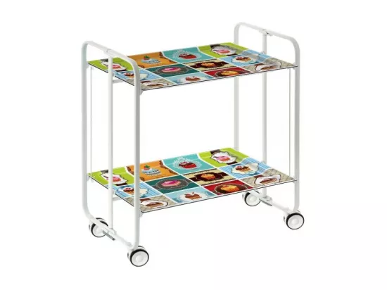 Chariot pliant à roulettes, table pliante roulante, desserte - Structure métallique blanche, 2 niveaux en stratifié motif Vintage2 - 72*66*43 cm - BAUHAUS