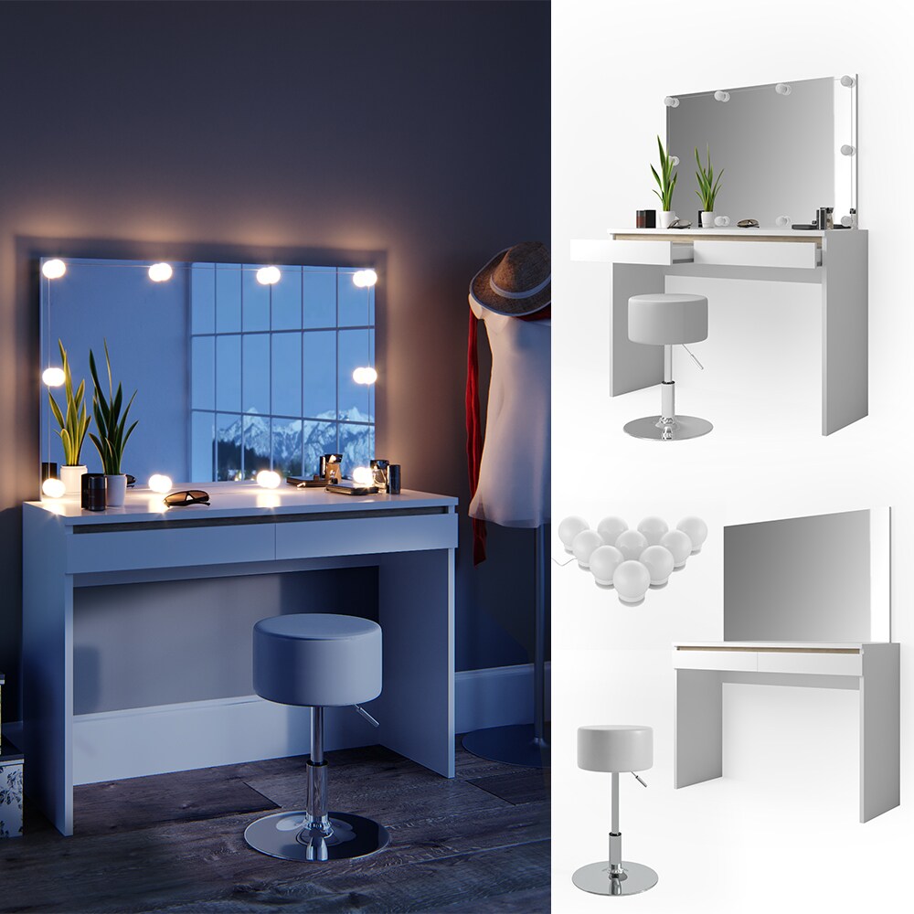 Vicco Schminktisch Emma Frisiertisch Frisierkommode Kommode Weiß Sonoma inklusive Spiegel, Hocker und LED-Lichterkette