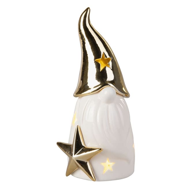 Wichtel mit LED - weiß/gold glänzend - ca. 8,5 x 8 x 17,5 cm
