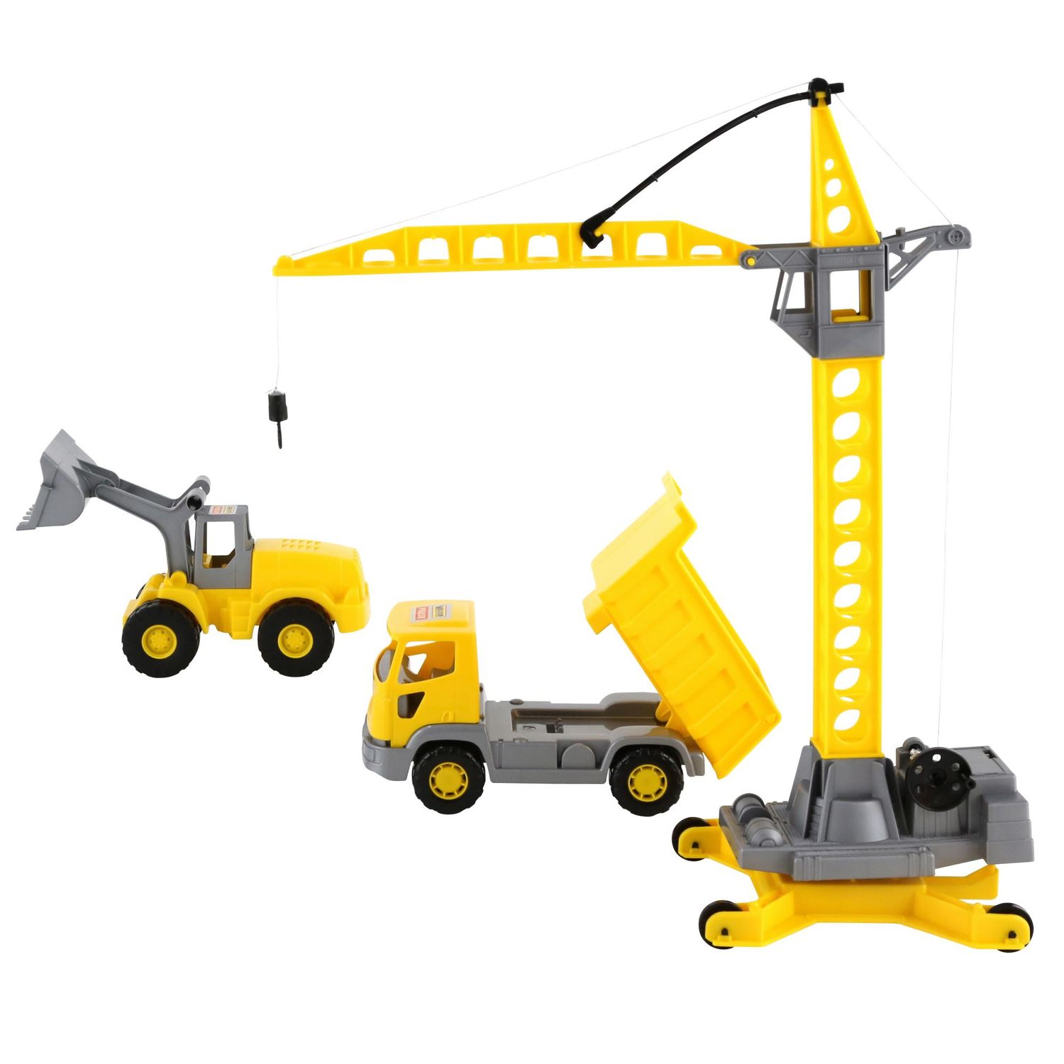 Polesie 57150 Baumaschinen 3-er Set, Kran, Radlader, LKW, Kunststoff, ab 3 Jahre in gelb