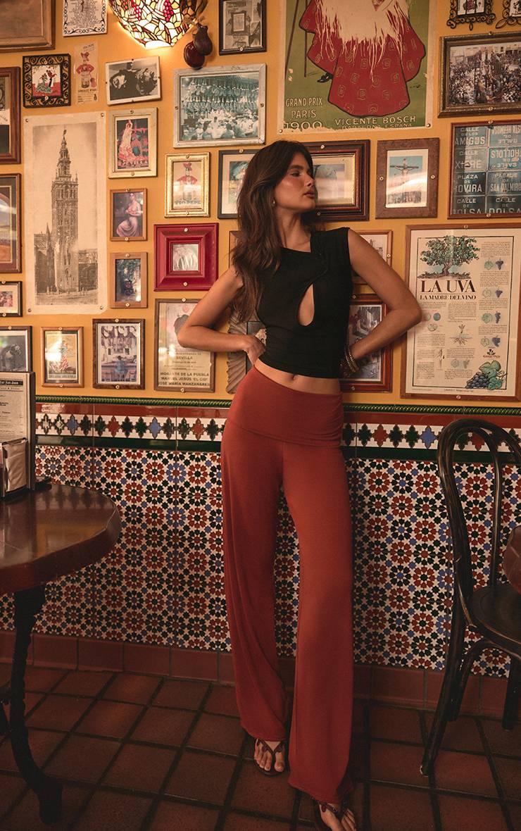 Orange Brûlé Pantalon Fluide En Jersey Doux À Taille Repliée