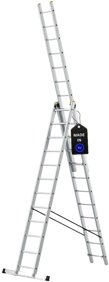 PROREGAL Economy Plus 3-delige multifunctionele ladder met dwarsbalk, 3 x 12 sporten, werkhoogte 8,09 m, draagvermogen 150 kg