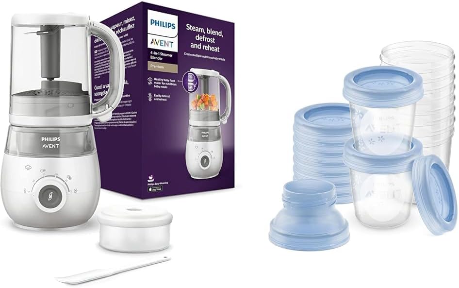 Set aus AVENT 4-in-1 Dampfgarer mit Mixer Premium, Babynahrungszubereiter, spülmaschinenfest, Modell SCF883/01 + Philips AVENT Aufbewahrungssystem für Muttermilch (Modell SCF618/10)