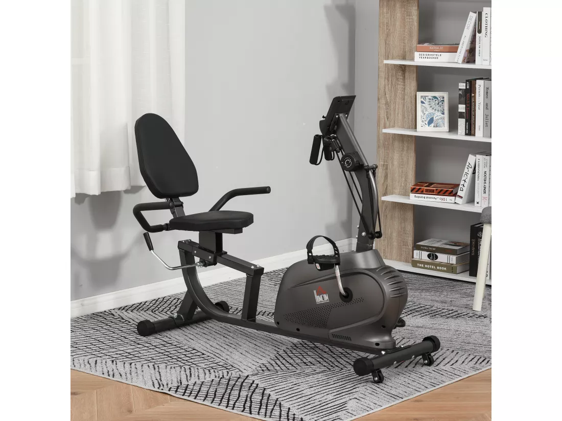 Vélo d'appartement semi-allongé magnétique écran LCD multifonction selle réglable 2 bandes résistance acier noir