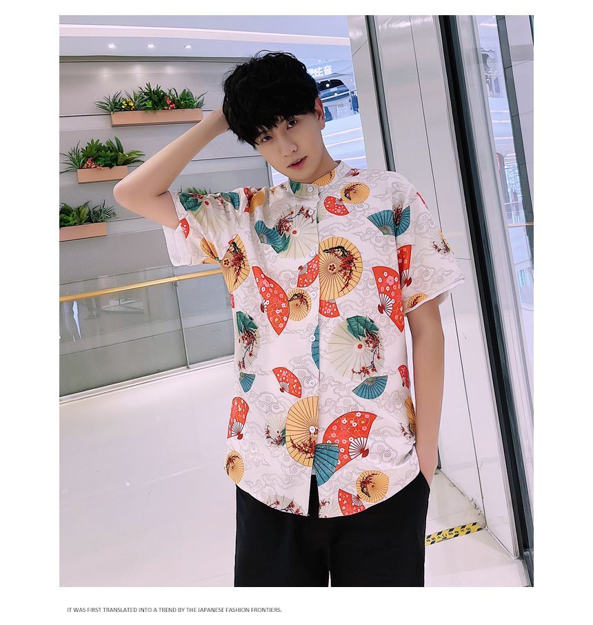 NoonSun - Koppel bijpassende korte mouwen waaier print mini qipao / shirt / effen rechte broek / set