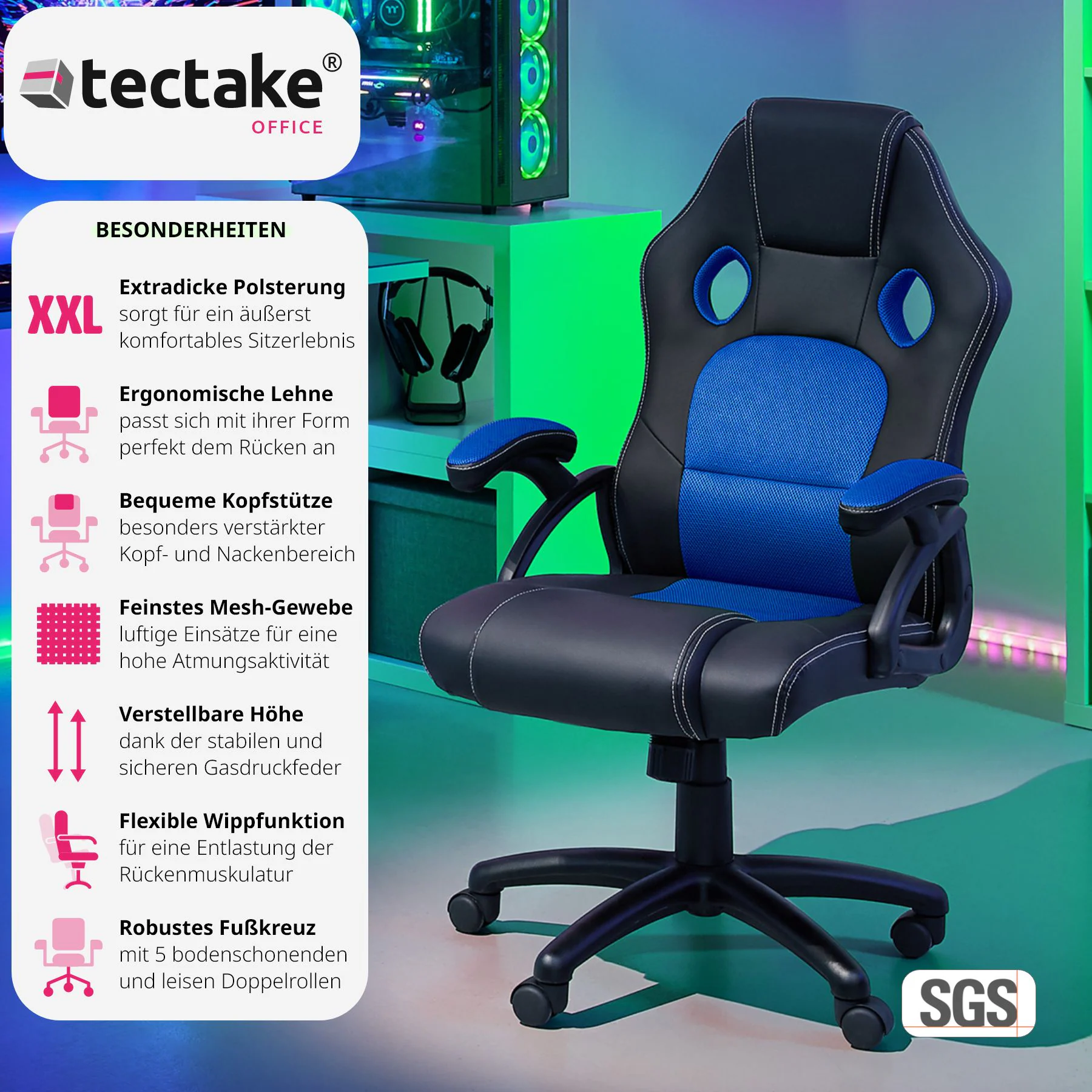 tectake® Bürostuhl, ergonomische Form, Kunstlederbezug mit Mesh-Gewebe, Belastbarkeit 120 kg