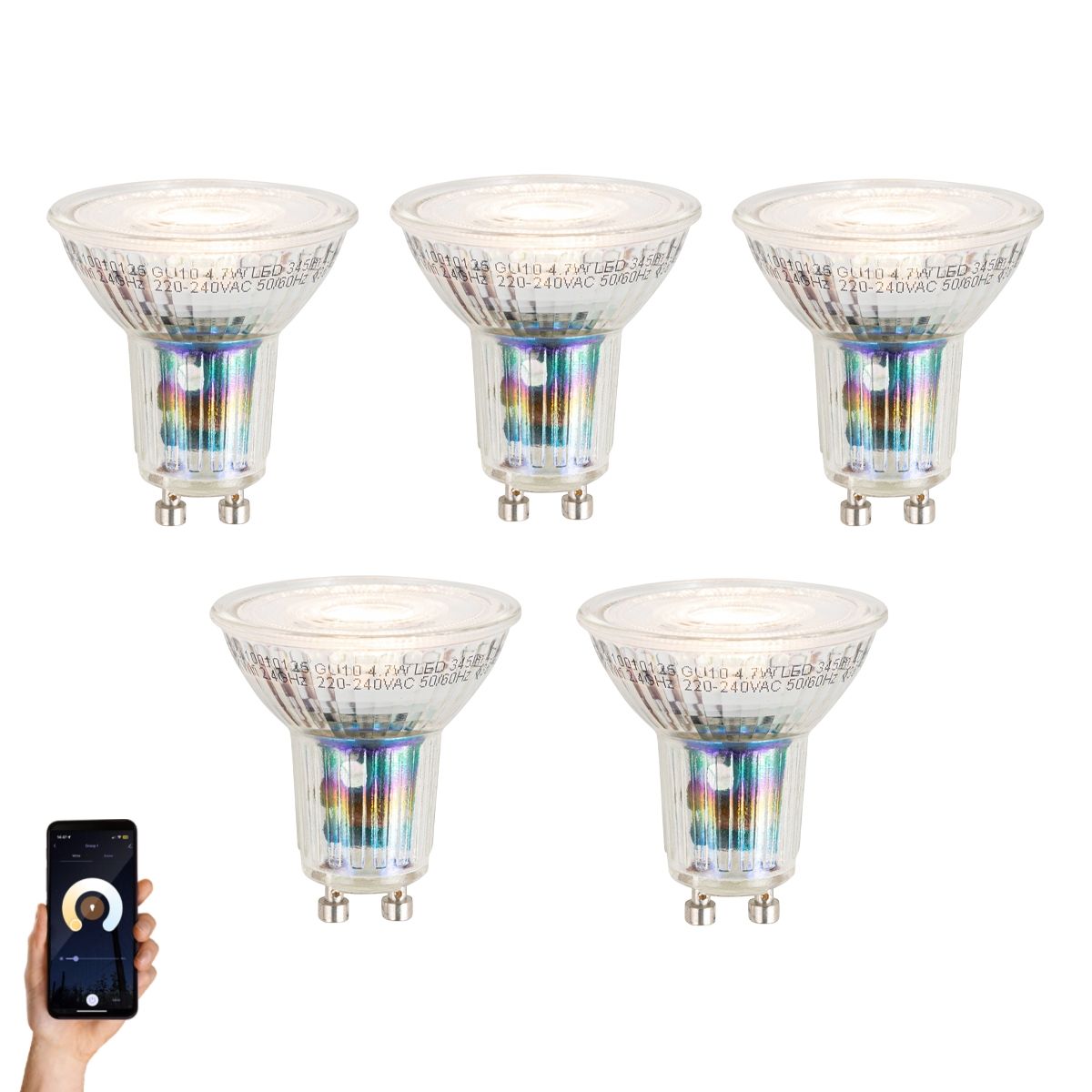 Set van 5 smart GU10 50mm dimbare LED lampen 4.7W 345 lm 2700-6500K