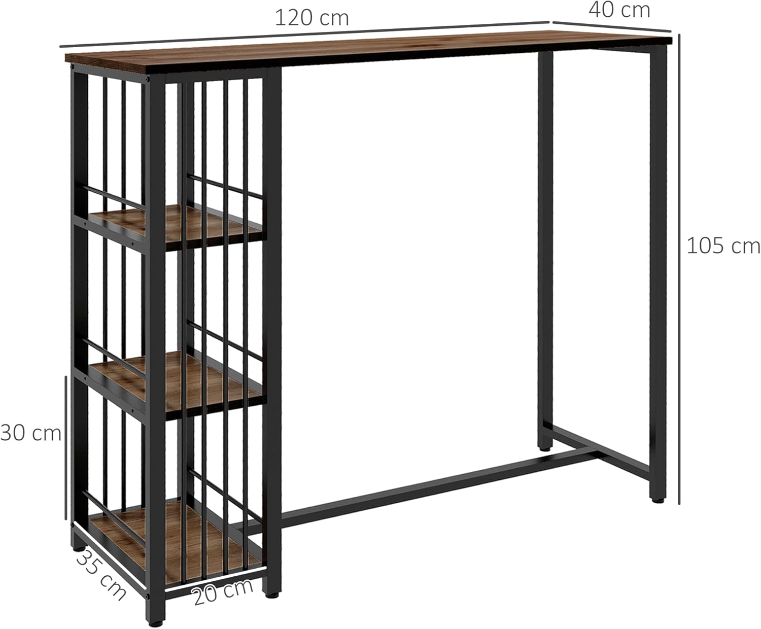 HOMCOM Bartisch Stehtisch Tresentisch mit 3 Ablageflächen Bartheke Küchentisch mit Holzoptik, Stahlgestell, für Esszimmer, Küche, Braun, 120 x 40 x 105 cm