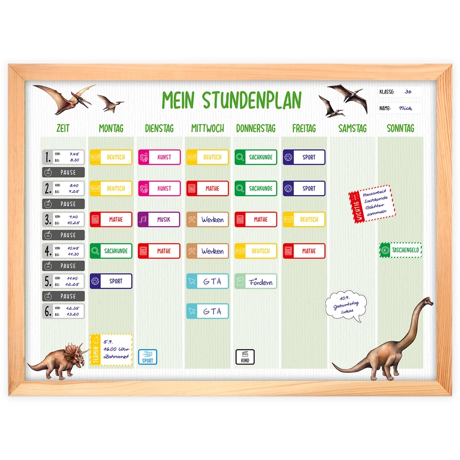 Nikima Stundenpläne magnetischer Stundenplan Dinosaurier grün mit 90 Magneten weiß