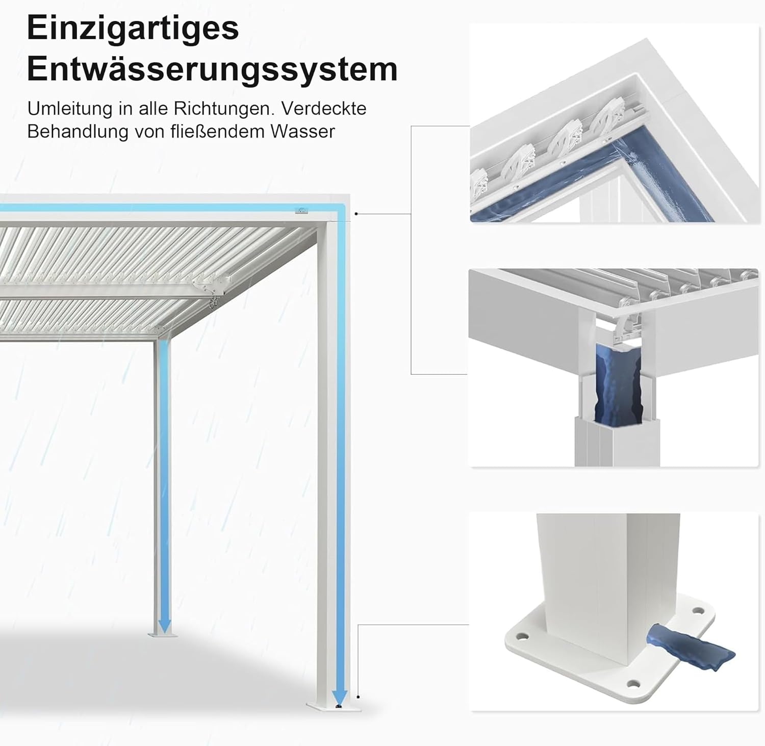 PURPLE LEAF Pavillon 3 x 4.25 m mit Sonnenrollo Wasserdicht Stabil Winterfest Alu Pergola mit Lamellendach Terrassenüberdachung für Gartren, 1 Lange Seite und 1 Kurze Seite für Terrasse, Weiß