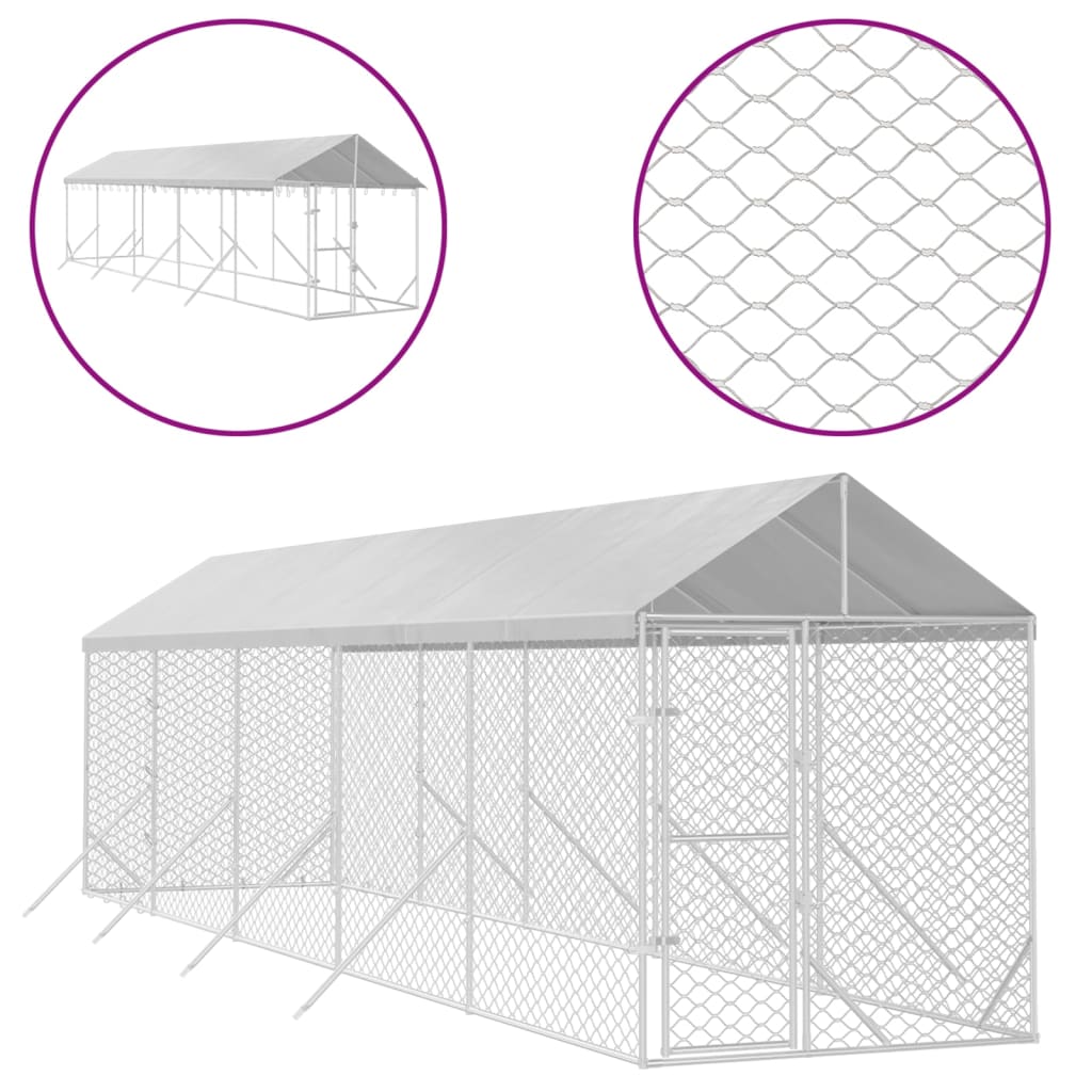 Canil externo para cães vidaXL com cobertura, aço galvanizado, prata, 2x10x2,5m