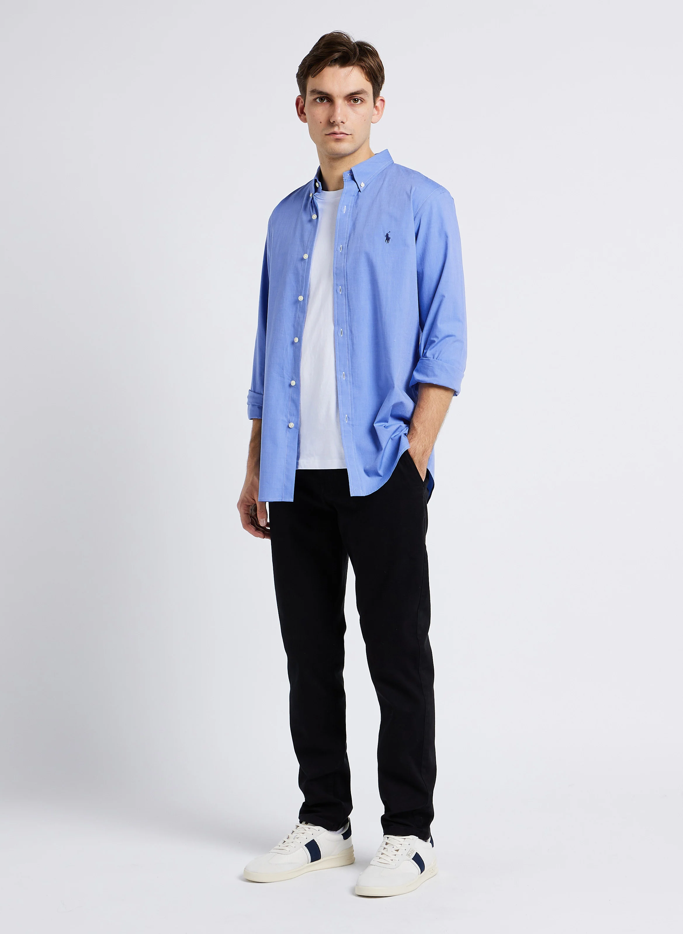 Chemise col américain en coton mélangé | Bleu