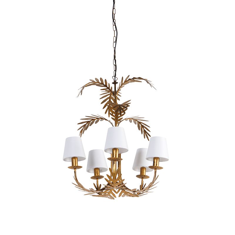 Kroonluchter goud met met linen klemkappen wit 5-lichts - Botanica