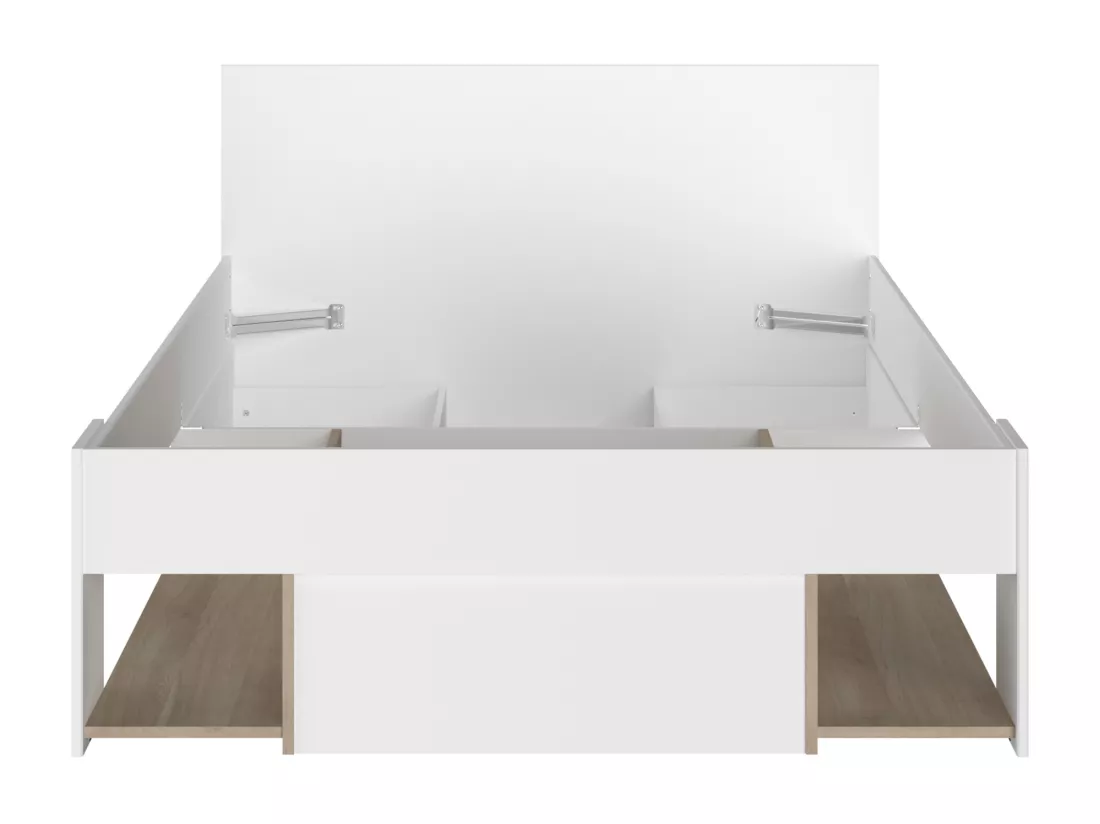 Lit 120 x 190/200 cm avec rangements - Blanc et naturel + Sommier - KINSELIA