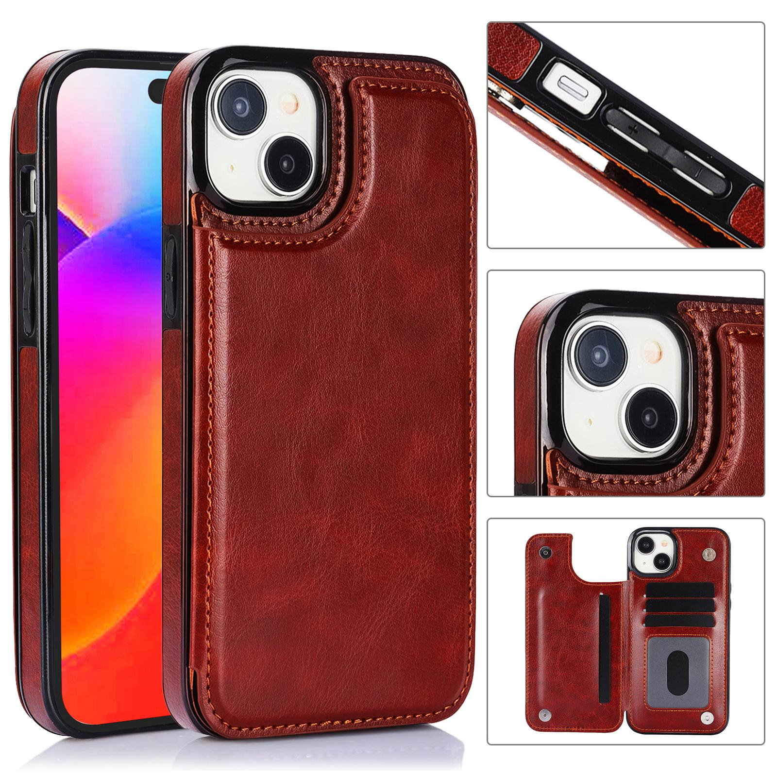 iPhone 15 Hybrid Leder Hülle mit Kartenfach   Kickstand Aufsteller - Braun