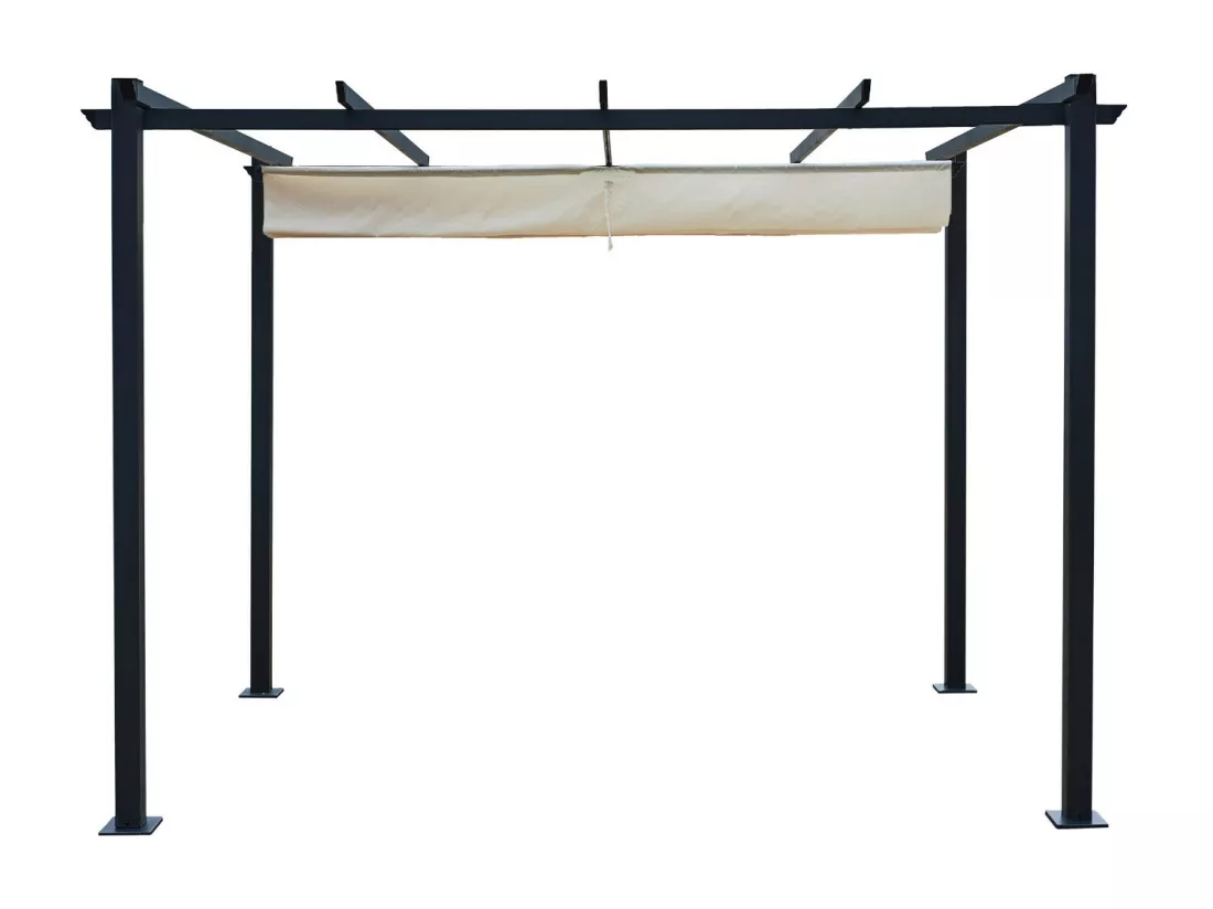 Tonnelle/Pergola aluminium 3x3m toile coulissante rétractable - Gris / Ecru - OHIO