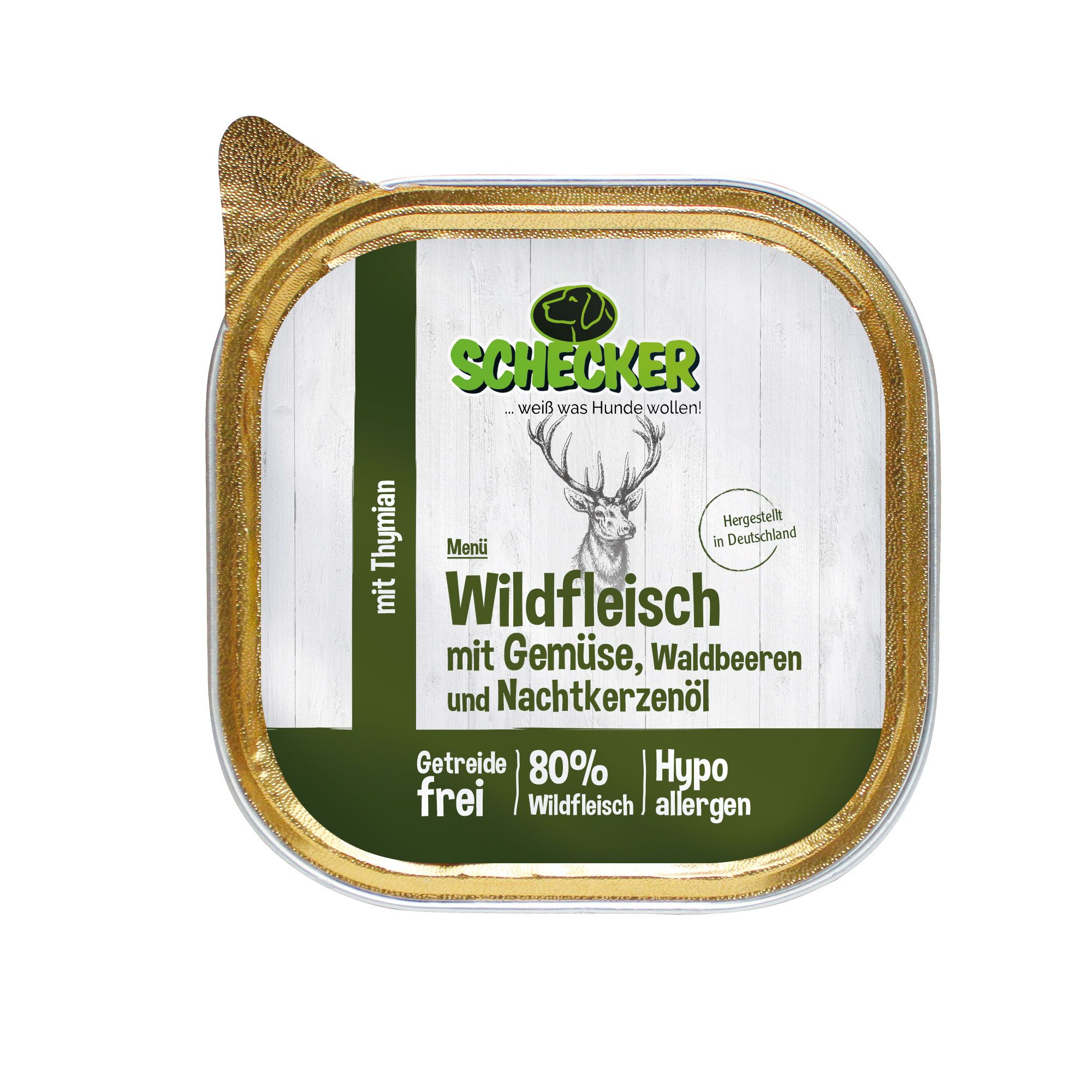 Schecker Nassfutter - Hundemenü Wildlfleisch mit Gemüse und Waldbeeren