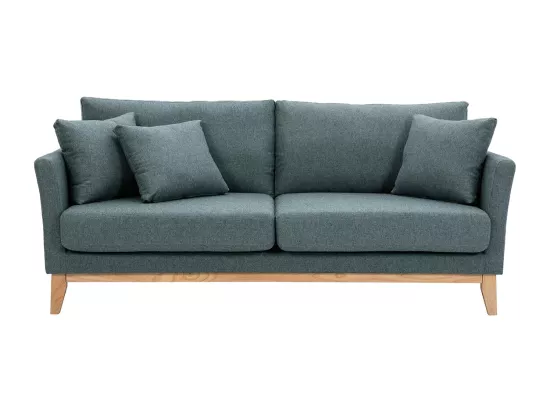 Canapé scandinave déhoussable 3 places en tissu vert de gris et bois clair OSLO