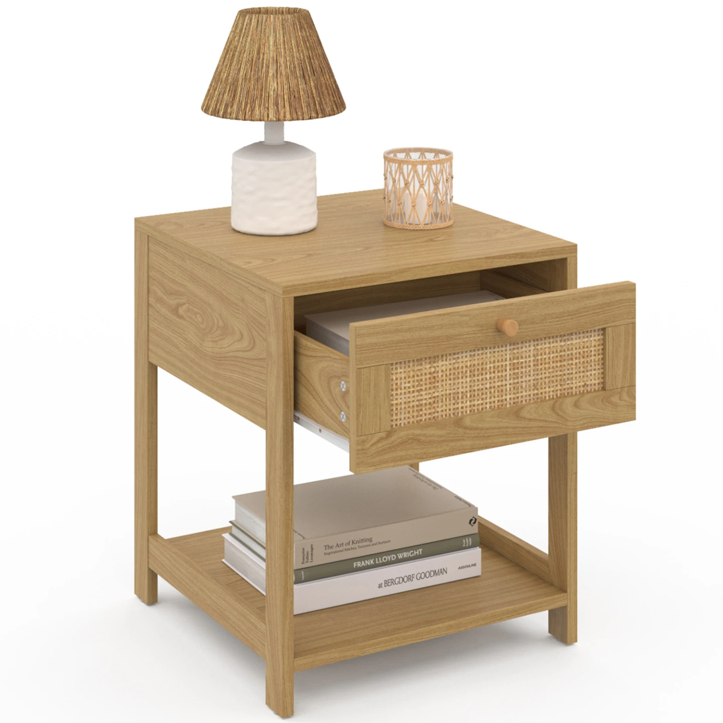 Lot de 2 tables de chevet HANAE vintage 1 tiroir avec tablette effet naturel cannage