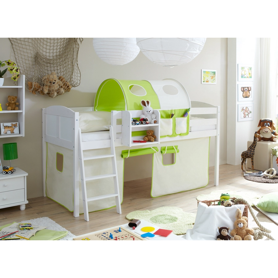TICAA Hochbett Eric Country Kiefer Weiß Classic Beige-Grün
