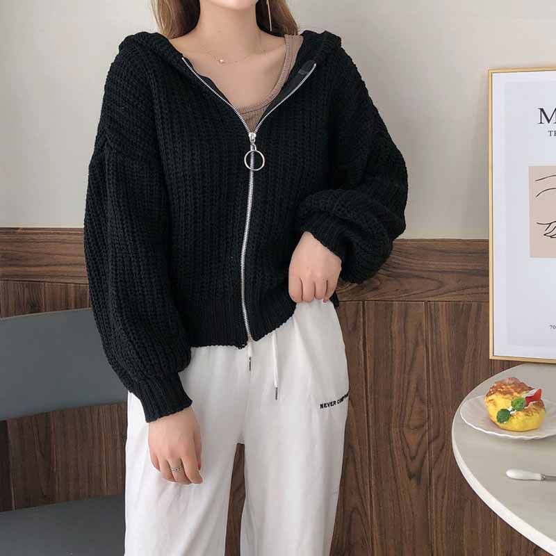 Muezz - Effen grof gebreide crop hoodie met rits